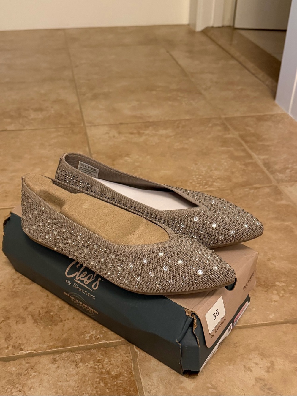 SKECHERS women’s Cleo Point Gleam N’ Glow Rhinestone Knit Flats Taupe